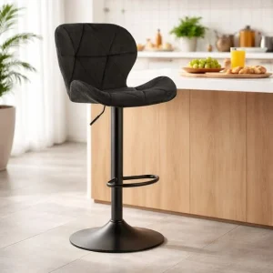 Scaun de bucatarie/bar, Artool, West, rotativ, catifea neagra, picior metal negru, 46x48.5x90-111 cm