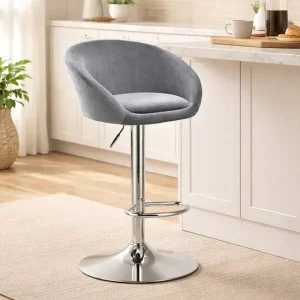 Scaun de bucatarie/bar, Artool, East, rotativ, catifea gri, picior metal argintiu, 53x46x81-103 cm