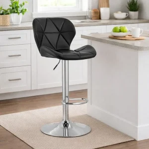 Scaun de bucatarie/bar, Artool, West, rotativ, piele ecologica neagra, picior metal argintiu, 46x48.5x90-111 cm