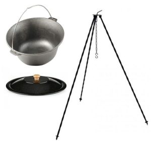 Set ceaun fonta cu capac emailat si trepied metalic