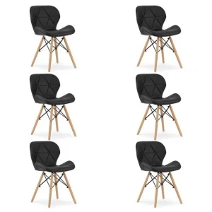 Set 6 scaune bucatarie/living, Artool, Lago, piele ecologica neagra, picioare lemn natur, 47x38x73 cm