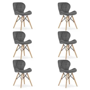 Set 6 scaune bucatarie/living, Artool, Lago Velvet, catifea gri, picioare lemn natur, 48x52.5x74 cm
