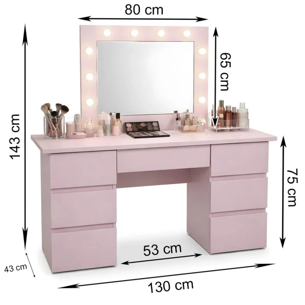 Masa de toaleta/machiaj, Vanessa, roz, cu oglinda si LED-uri, 130x43x143 cm