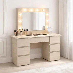 Masa de toaleta/machiaj, Vanessa, zebrano, cu oglinda si LED-uri, 130x43x143 cm