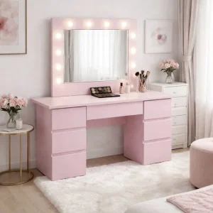 Masa de toaleta/machiaj, Vanessa, roz, cu oglinda si LED-uri, 130x43x143 cm