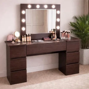 Masa de toaleta/machiaj, Antonia, wenge, cu oglinda si LED-uri, 155x42x135 cm