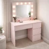 Masa de toaleta/machiaj, Irina, roz, cu oglinda si LED-uri, 94x43x141 cm