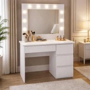 Masa de toaleta/machiaj, Irina, gri deschis, cu oglinda si LED-uri, 94x43x141 cm