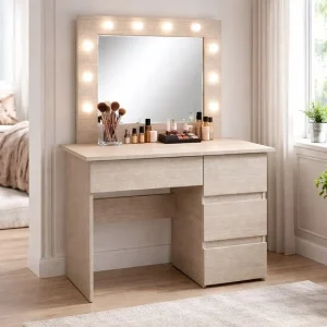Masa de toaleta/machiaj, Irina, bej zebrano, cu oglinda si LED-uri, 94x43x141 cm