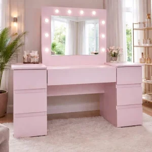 Masa de toaleta/machiaj, Antonia, roz, cu oglinda si LED-uri, 155x41x137 cm