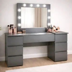 Masa de toaleta/machiaj, Antonia, antracit, cu oglinda si LED-uri, 155x42x135 cm