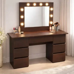 Masa de toaleta/machiaj, Vanessa, wenge, cu oglinda si LED-uri, 130x43x143 cm