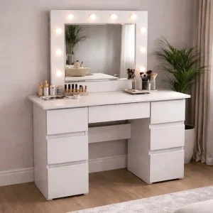 Masa de toaleta/machiaj, Vanessa, gri deschis, cu oglinda si LED-uri, 130x43x143 cm