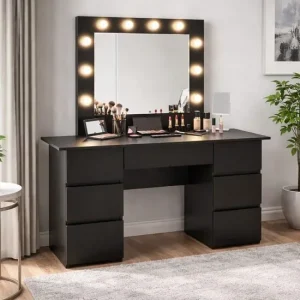 Masa de toaleta/machiaj, Vanessa, negru, cu oglinda si LED-uri, 130x43x143 cm