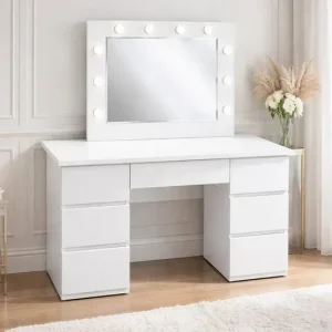 Masa de toaleta/machiaj, Vanessa, alba, cu oglinda si LED-uri, 130x43x143 cm