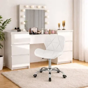 Masa de toaleta/machiaj, Antonia, sertare lucioase + scaun Avola, alb, cu oglinda si LED-uri, 155x42x135 cm