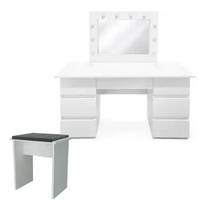Masa de toaleta/machiaj, Vanessa + taburet, alb, cu oglinda si LED-uri, 130x43x143 cm