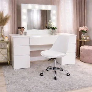 Masa de toaleta/machiaj, Antonia + scaun Alba, alb, cu oglinda si LED-uri, 155x42x135 cm