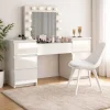 Masa de toaleta/machiaj, Antonia, sertare lucioase + scaun Mark, alb, cu oglinda si LED-uri, 155x42x135 cm