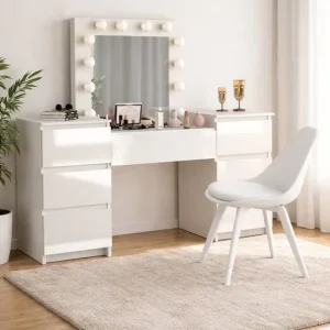 Masa de toaleta/machiaj, Antonia, sertare lucioase + scaun Mark, alb, cu oglinda si LED-uri, 155x42x135 cm