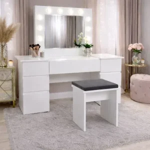 Masa de toaleta/machiaj, Antonia + taburet, alb, cu oglinda si LED-uri, 155x42x135 cm