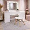 Masa de toaleta/machiaj, Antonia + scaun Lago, alb, cu oglinda si LED-uri, 155x42x135 cm