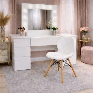 Masa de toaleta/machiaj, Antonia + scaun Lago, alb, cu oglinda si LED-uri, 155x42x135 cm