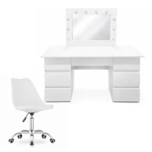 Masa de toaleta/machiaj, Vanessa + scaun Alba, alb, cu oglinda si LED-uri, 130x43x143 cm