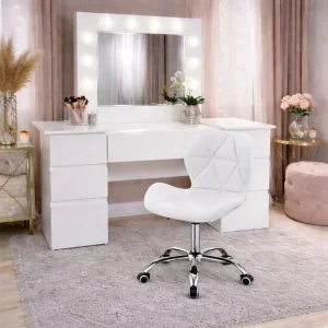 Masa de toaleta/machiaj, Antonia + scaun Avola, alb, cu oglinda si LED-uri, 155x42x135 cm