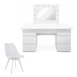 Masa de toaleta/machiaj, Vanessa + scaun Mark, alb, cu oglinda si LED-uri, 130x43x143 cm