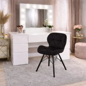 Masa de toaleta/machiaj, Antonia, alba + scaun Lago, negru, cu oglinda si LED-uri, 155x42x135 cm