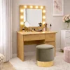 Masa de toaleta/machiaj, Irina, stejar + taburet, bej, cu oglinda si LED-uri, 94x43x141 cm
