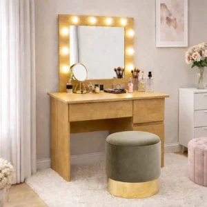 Masa de toaleta/machiaj, Irina, stejar + taburet, bej, cu oglinda si LED-uri, 94x43x141 cm