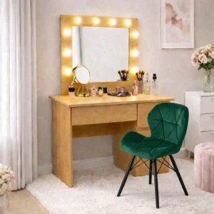 Masa de toaleta/machiaj, Irina, stejar + scaun Lago, verde, cu oglinda si LED-uri, 94x43x141 cm