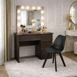 Masa de toaleta/machiaj, Irina, wenge + scaun Mark, negru, cu oglinda si LED-uri, 94x43x141 cm