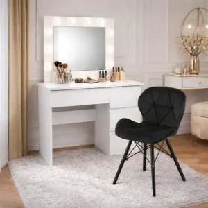 Masa de toaleta/machiaj, Irina, alba + scaun Lago, negru, cu oglinda si LED-uri, 94x43x141 cm