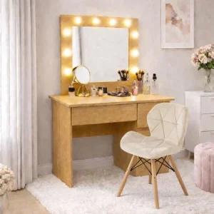 Masa de toaleta/machiaj, Irina, stejar + scaun Lago, bej, cu oglinda si LED-uri, 94x43x141 cm