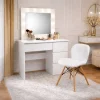 Masa de toaleta/machiaj, Irina + scaun Lago, alb, cu oglinda si LED-uri, 94x43x141 cm