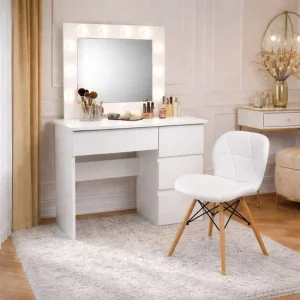Masa de toaleta/machiaj, Irina + scaun Lago, alb, cu oglinda si LED-uri, 94x43x141 cm