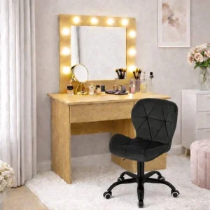 Masa de toaleta/machiaj, Irina, stejar + scaun Noto, negru, cu oglinda si LED-uri, 94x43x141 cm