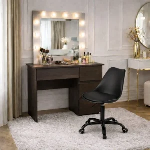 Masa de toaleta/machiaj, Irina, wenge + scaun Andria, negru, cu oglinda si LED-uri, 94x43x141 cm