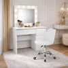 Masa de toaleta/machiaj, Irina + scaun Alba, alb, cu oglinda si LED-uri, 94x43x141 cm