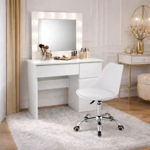 Masa de toaleta/machiaj, Irina + scaun Alba, alb, cu oglinda si LED-uri, 94x43x141 cm