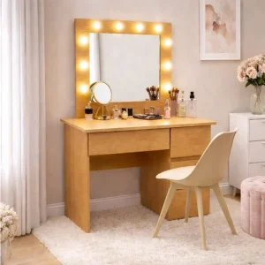 Masa de toaleta/machiaj, Irina, stejar + scaun Mark, bej, cu oglinda si LED-uri, 94x43x141 cm