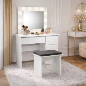 Masa de toaleta/machiaj, Irina + taburet, alb, cu oglinda si LED-uri, 94x43x141 cm