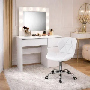 Masa de toaleta/machiaj, Irina + scaun Avola, alb, cu oglinda si LED-uri, 94x43x141 cm