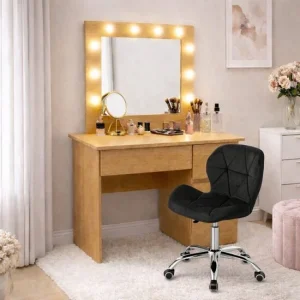 Masa de toaleta/machiaj, Irina, stejar + scaun Avola, negru, cu oglinda si LED-uri, 94x43x141 cm