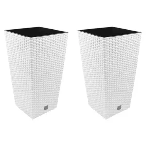 Set 2 ghivece de flori, Rato, imitatie ratan, inalte, 32.5x32.5x61 cm, alb, Prosperplast