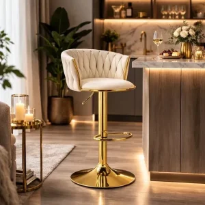 Scaun de bucatarie/bar, Artool, Mig, rotativ, catifea bej, picior metal auriu, 51x50x84-105 cm