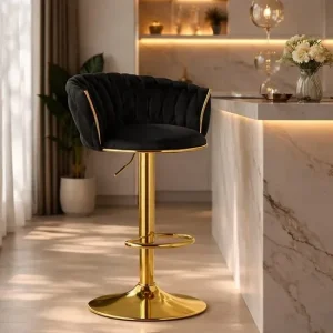 Scaun de bucatarie/bar, Artool, Mig, rotativ, catifea neagra, picior metal auriu, 51x50x84-105 cm